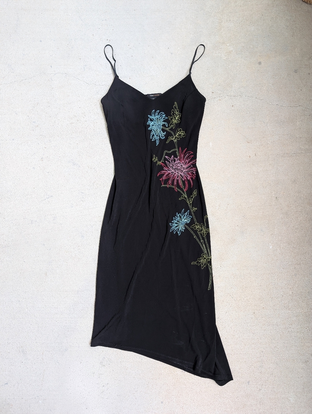 Y2K BCBGMaxAzria Black Asymmetrical Slip Dress with Floral Embroidery XS